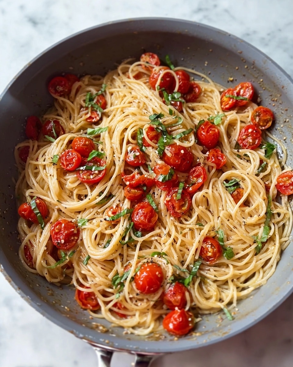 A gray pan filled with a single layer of light beige spaghetti noodles mixed with bright red cherry tomato halves, some slightly roasted with darker edges; small pieces of fresh green basil leaves are scattered evenly on top. The texture of the noodles looks creamy with a light sauce coating, and there are small bits of black pepper or spices visible around the edges. The pan is placed on a white marbled surface. photo taken with an iphone --ar 4:5 --v 7