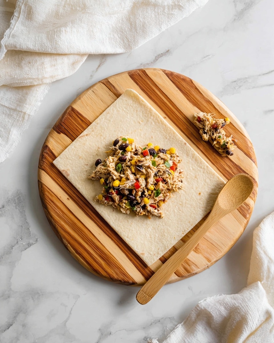 A square light beige wrapper lies flat on a round wooden board with natural wood grain patterns, placed on a white marbled surface. On the center of the wrapper, there is a small pile of mixed filling made of shredded chicken, black beans, yellow corn, and small pieces of red and green bell peppers, creating colorful layers of orange, black, yellow, green, and pale beige. A wooden spoon is positioned on the right side of the board, and loosely folded white cloths are casually placed in the background corners. Photo taken with an iphone --ar 4:5 --v 7
