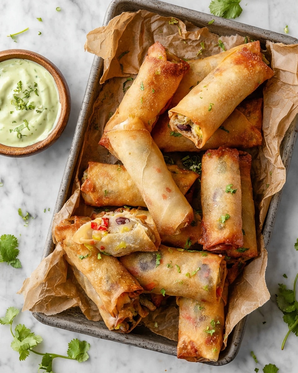 A tray lined with brown paper holds about nine golden-brown spring rolls with a slightly crispy texture, each sprinkled lightly with small green herb pieces. The rolls show hints of colorful fillings inside, including reds, yellows, and darker spots, suggesting a mix of vegetables or beans. They are arranged randomly on the tray, which sits on a white marbled surface. To the left of the tray, there is a small round wooden bowl filled with creamy green dip, garnished with chopped herbs. Some fresh green herb leaves are placed around the tray on the white marbled surface. The photo taken with an iphone --ar 4:5 --v 7