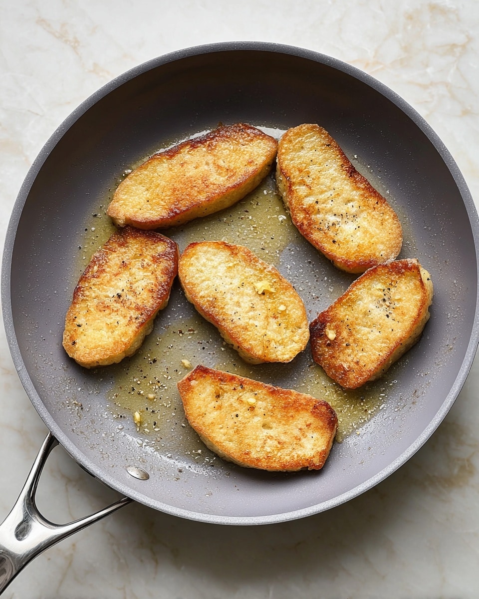A gray frying pan with a silver handle sits on a white marbled surface, holding seven oval-shaped slices of golden fried food, each with a slightly uneven, crispy, and browned surface. The slices are spaced out, showing a light texture with some darker golden spots, and a bit of oil glistens around them in the pan. The pan’s inside is smooth and clean, with tiny browned bits and small pepper specks visible. Photo taken with an iphone --ar 4:5 --v 7