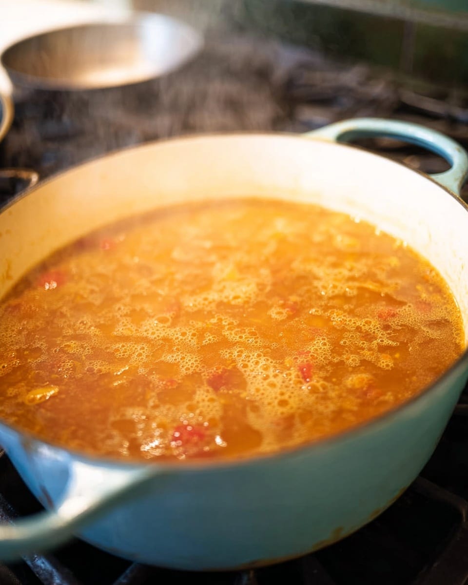 A light blue pot with a white inside full of bubbling orange-brown soup sits on a stove. The soup has small bits of red and yellow visible throughout, with steam rising gently from the surface. The pot’s handle is visible on the left side, and the pot rests on a dark stovetop. The boiling soup has many small bubbles, creating a lively texture across the top. The background is softly blurred, showing hints of another pot or pan nearby. photo taken with an iphone --ar 4:5 --v 7