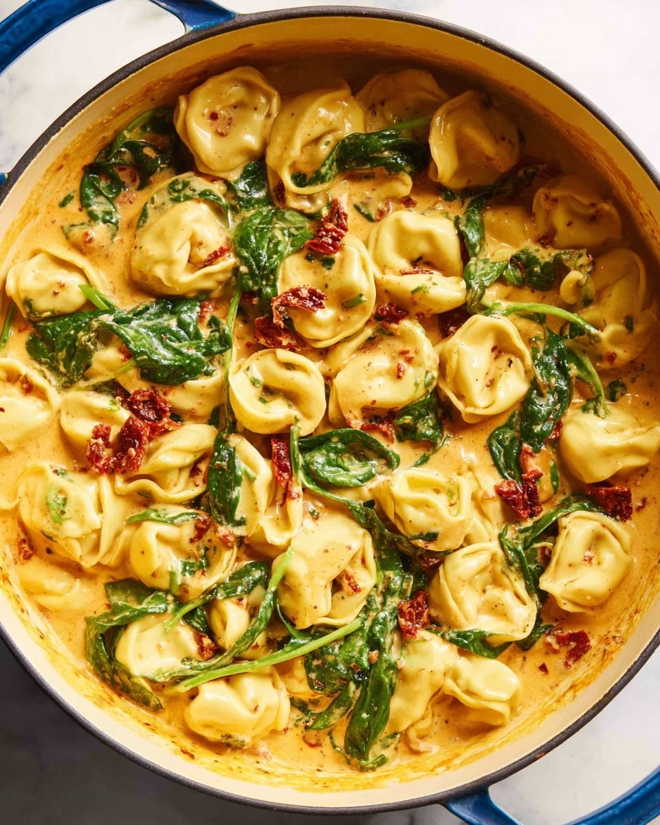 A close-up view of a large blue pot filled with three layers of food: the bottom layer consists of creamy light orange sauce with a smooth texture, the middle layer is made up of small, round tortellini pasta in light yellow color, and the top layer has bright green spinach leaves and small pieces of red sun-dried tomatoes mixed in. The tortellini are covered evenly with the sauce, and the spinach leaves add a fresh green contrast against the warm colors of the pasta and sauce. The pot is set on a white marbled surface. photo taken with an iphone --ar 4:5 --v 7