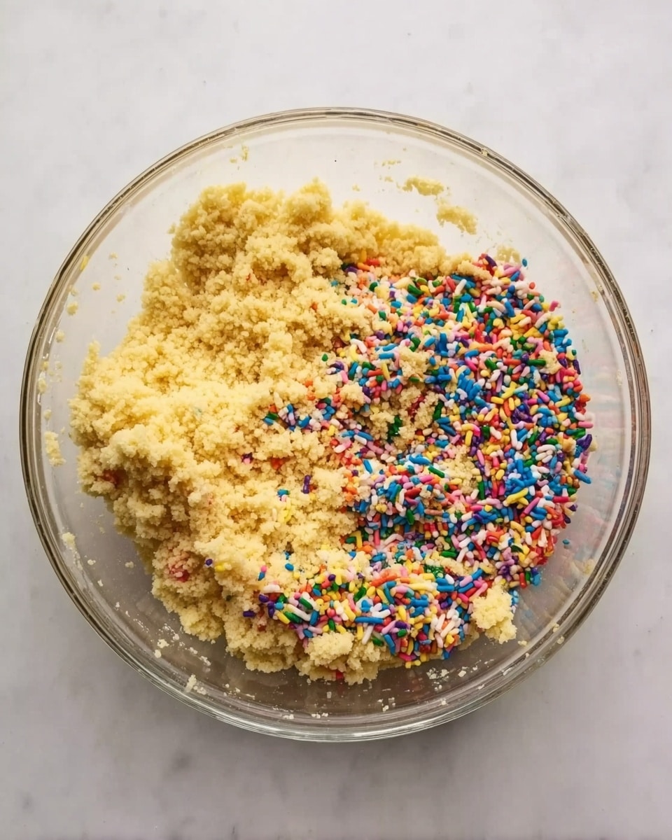 A clear glass bowl sits on a white marbled surface, filled with a crumbly yellow dough mixture on one side and bright multicolored sprinkles on the other side, creating a strong contrast between the soft texture of the dough and the small, hard shapes of the sprinkles. The mixture layers are uneven and slightly blended at the edges, showing the process of combining the two components photo taken with an iphone --ar 4:5 --v 7