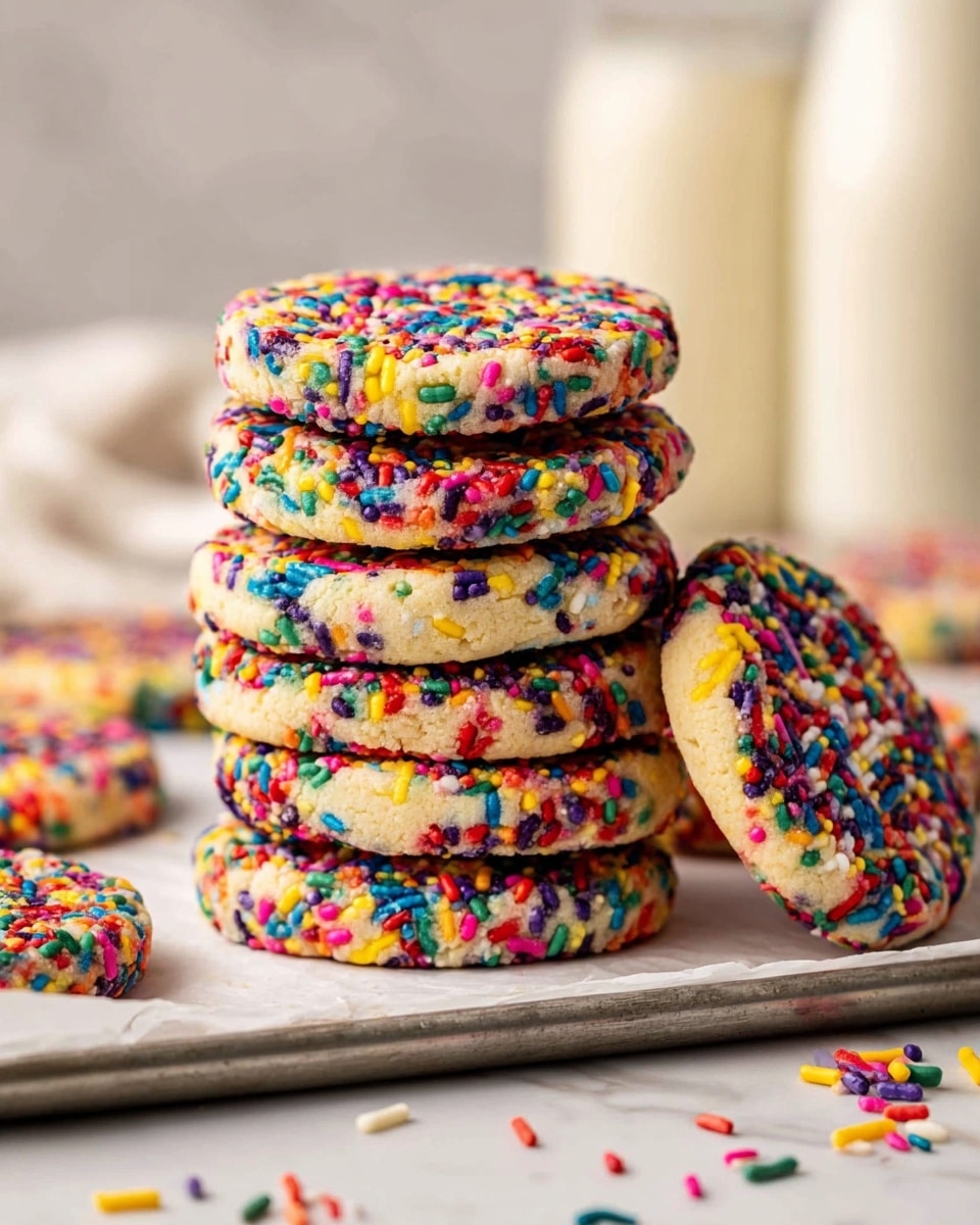 A stack of seven round cookies thickly covered with colorful rainbow sprinkles sits on white baking paper over a metal tray. The cookies have a light golden color with a soft, crumbly texture and are densely decorated with red, blue, yellow, green, purple, and orange sprinkles on top and sides. A few loose sprinkles are scattered around the tray and two cookies partly visible nearby. The background is softly blurred with bottles and containers in light cream shades set against a white marbled texture. photo taken with an iphone --ar 4:5 --v 7