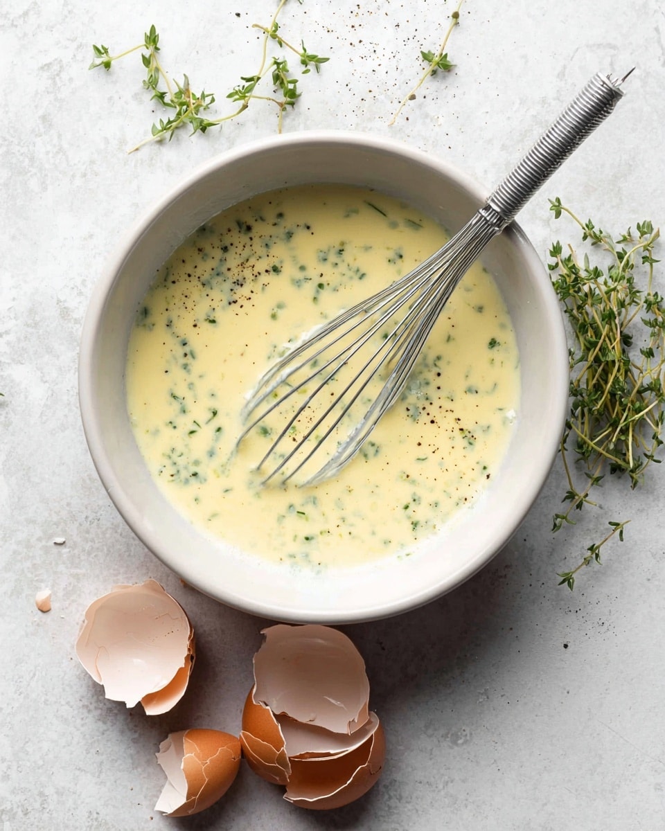 A white bowl filled with a pale yellow liquid mixture speckled with small green herb pieces and black pepper. Inside the bowl, a metal whisk rests with its handle extending outside. On the white marbled surface near the bowl are several cracked brown eggshell halves, and small sprigs of green herbs are scattered around. photo taken with an iphone --ar 4:5 --v 7