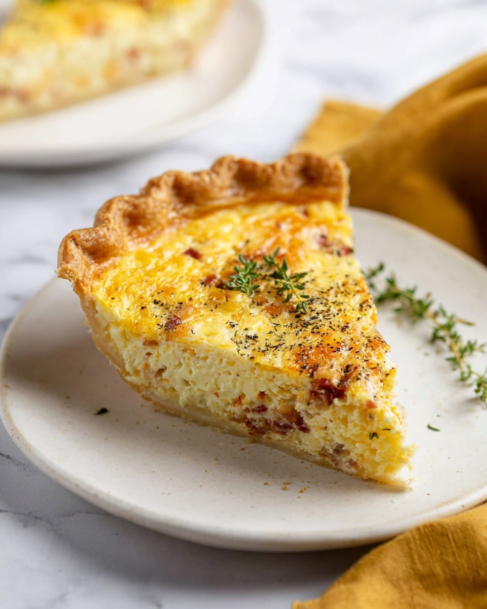A slice of quiche sits on a white plate over a white marbled surface with a piece of mustard yellow cloth beside it. The quiche has a golden-brown crust with a textured edge. The first layer is a firm crust with a light brown color. The second layer contains bits of cooked bacon in a creamy, light yellow egg mixture. The top layer is a smooth, slightly browned egg custard with herbs, sprinkled lightly with black pepper, and garnished with a small sprig of fresh green thyme. In the background, a blurred second slice of quiche is visible on another white plate. Photo taken with an iphone --ar 4:5 --v 7