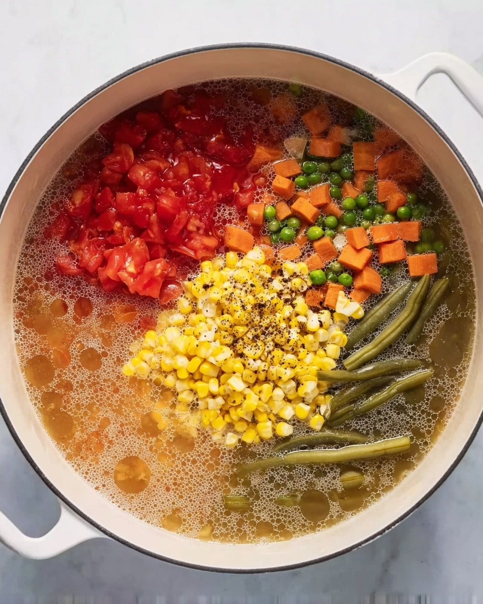 A white pot filled with five distinct colorful layers of ingredients, each section separated but simmering together; starting from the top left, there is a red layer of chopped tomatoes, next to it on the top right, a brown mixture with small orange carrot cubes and green peas, below that a yellow layer of sweet corn with a sprinkle of black pepper in the middle, on the bottom left, a group of green beans, and lastly, a light brown layer of broth with tiny bubbles covering the surface, all sitting on a white marbled surface photo taken with an iphone --ar 4:5 --v 7