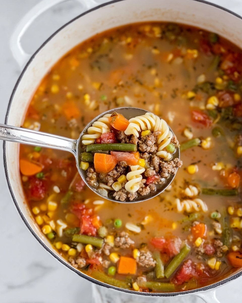 A large white pot filled with soup showing multiple layers of ingredients. The soup base is a light brown broth with a slightly oily surface. Floating in the broth are small chunks of orange carrots, green beans cut into short pieces, yellow corn kernels, small green peas, diced red tomatoes, bits of browned ground meat, and spiral shaped white pasta pieces. A ladle holds a close-up scoop of these ingredients above the pot, showing the vivid colors and textures clearly. The scene is set on a white marbled surface with soft lighting that highlights the freshness and warmth of the soup, photo taken with an iphone --ar 4:5 --v 7