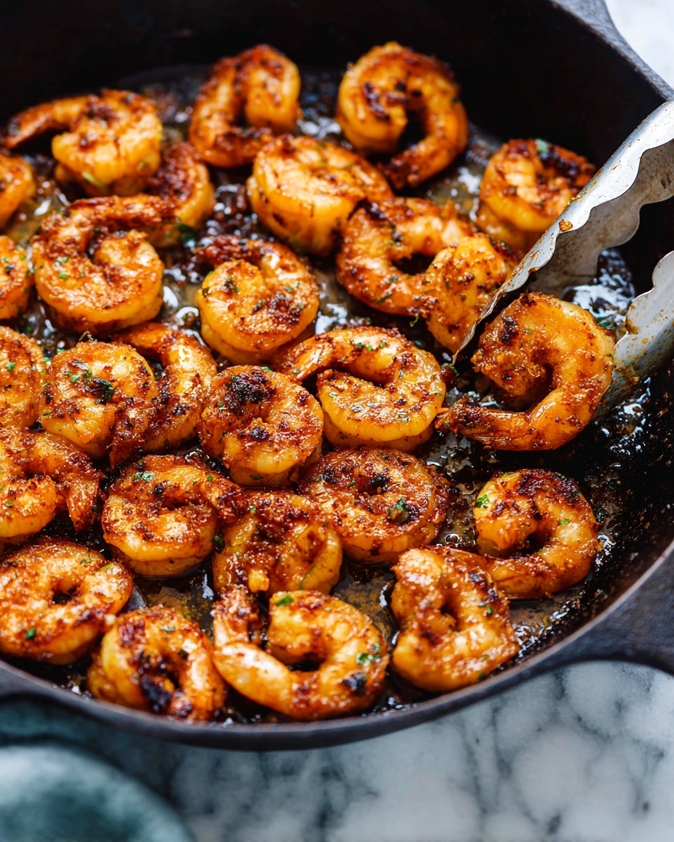 A close-up view of a black cast iron pan filled with one layer of cooked shrimp. The shrimp are golden brown with slightly charred spots, showing a mix of orange and dark brown shades, and they glisten with cooking oil. Near the top right, metal tongs hold a shrimp, pulling it slightly above the pan's surface. The background is a white marbled texture. photo taken with an iphone --ar 4:5 --v 7