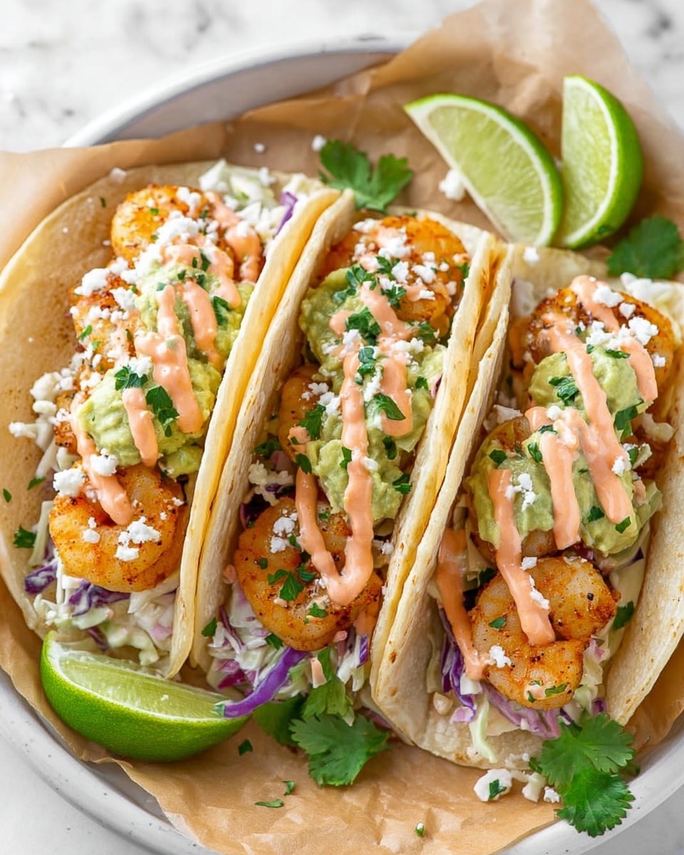 Three tacos are placed side by side on a round white plate lined with brown parchment paper, set on a white marbled surface. Each taco has a soft, light beige tortilla folded into a U shape. Inside, the bottom layer is creamy coleslaw with white and purple shredded cabbage. On top of that, there are golden-orange cooked shrimp arranged neatly. Next, a bright green layer of chunky guacamole is spooned over the shrimp. Drizzled lightly on top is a pinkish-orange creamy sauce, and the tacos are sprinkled with small white crumbles of cheese and fresh green cilantro leaves. Lime wedges and sprigs of cilantro surround the tacos, adding a fresh touch to the scene. Photo taken with an iphone --ar 4:5 --v 7