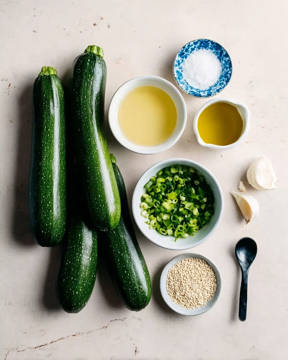 The image shows four whole green zucchinis placed side by side on the left side over a white marbled surface. To their right, there is a small white bowl filled with light yellow liquid, next to a white bowl with chopped green onions. Above these, a small blue and white patterned dish holds sesame seeds. To the right of the sesame seeds dish, there is a white container filled with olive oil. Beside the olive oil container are two cloves of garlic, and below them on a black spoon is a heap of white salt. Everything is arranged neatly in a clean and simple way, and the colors of green, white, and yellow stand out against the light surface. Photo taken with an iphone --ar 4:5 --v 7