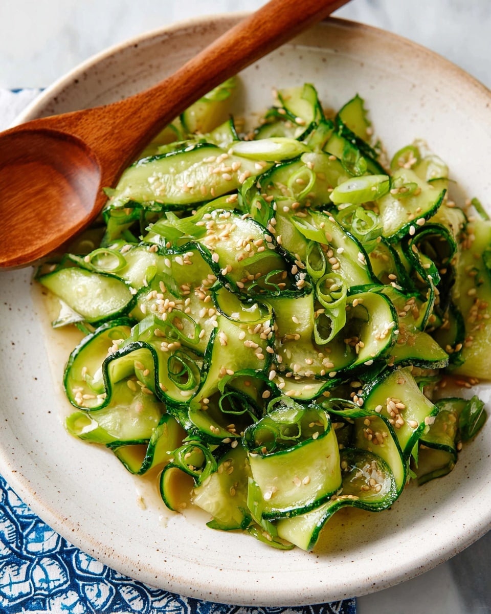 The dish shows thin, curled slices of light green cucumber with dark green edges, piled loosely in the center of a white plate with a subtle speckled texture. Scattered over the cucumber pieces are small, light brown sesame seeds and sliced bright green scallions, adding contrast with fresh, smooth textures. A light, shiny dressing coats the surface, giving the cucumber a glossy look, and a wooden spoon is partially visible on the upper left edge, resting on the plate. The plate sits on a white marbled surface with a glimpse of a blue patterned cloth underneath. photo taken with an iphone --ar 4:5 --v 7