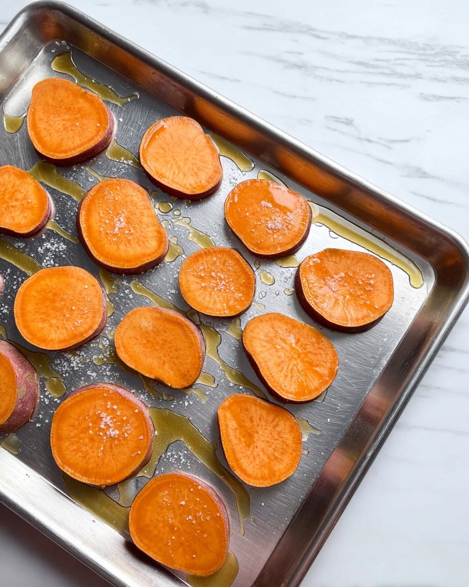 The image shows a metal baking tray with 13 round and oval slices of sweet potato spread evenly across the surface. The sweet potato slices have an orange inside color and a thin darker orange skin around the edges. There are shiny, thin streams of oil drizzled over the sweet potato slices, and some white grains of salt are visible sprinkled lightly on the tray. The tray sits on a white marbled texture surface, and the background is also white with subtle diagonal lines. photo taken with an iphone --ar 4:5 --v 7