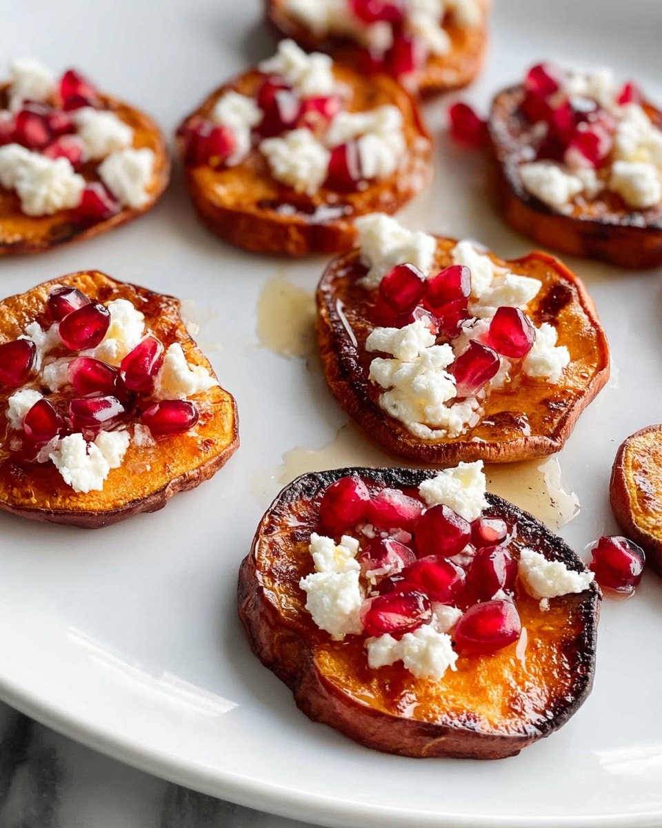 The image shows a white plate holding several crispy roasted sweet potato slices as the base layer. Each slice is a warm orange-brown color with slightly darker edges, giving a crunchy look. On top of each sweet potato slice, there is a layer of crumbly white cheese, scattered unevenly. Bright red pomegranate seeds add a fresh, shiny pop of color on the cheese. Small drops of honey or syrup glisten over the toppings, adding a glossy finish. The plate is on a white marbled surface. photo taken with an iphone --ar 4:5 --v 7