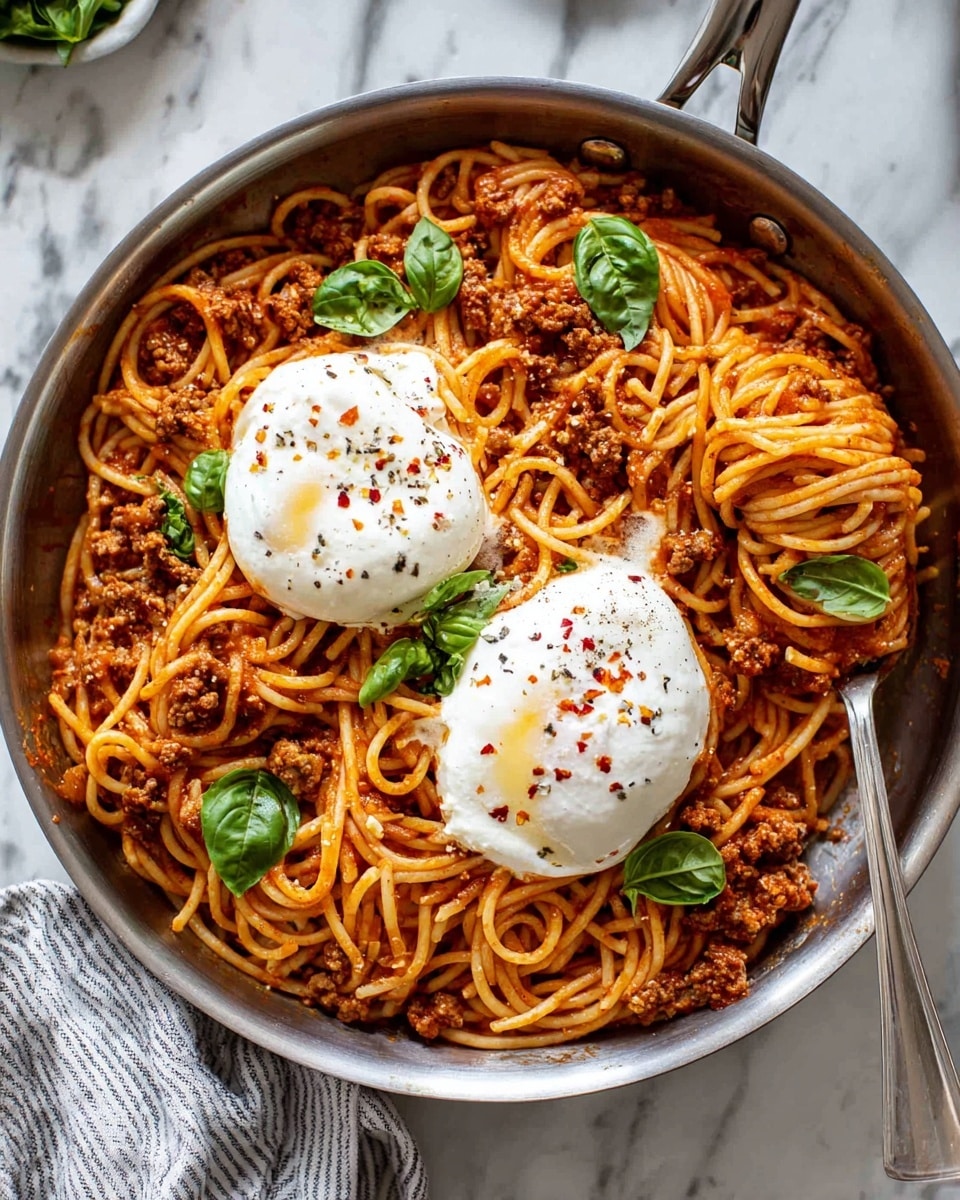A pan filled with spaghetti coated in a rich red sauce with bits of ground meat evenly mixed throughout. On top, two large white soft cheese balls sit side by side, sprinkled with black pepper and red chili flakes, adding texture and color contrast. Scattered around the cheese are fresh green basil leaves, giving a pop of bright green color. The pan has a silver handle and rests on a white marbled surface with a folded striped cloth nearby. photo taken with an iphone --ar 4:5 --v 7