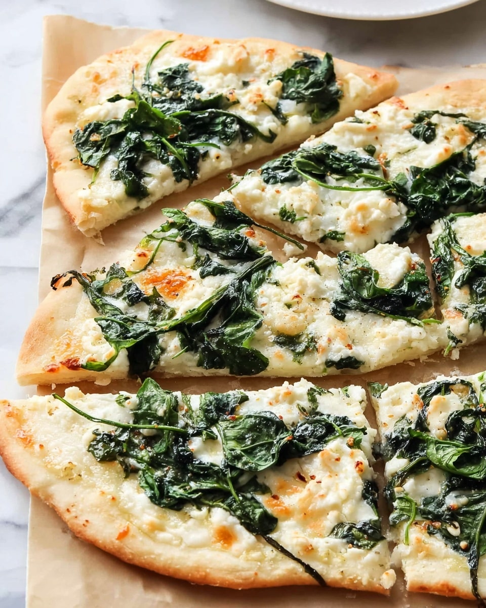 The image shows a spinach and cheese flatbread pizza sliced into squares on a white marbled surface. The flatbread has a thin, light golden crust at the edges. The first layer consists of melted white cheese that covers the crust evenly with some parts showing a slight golden brown color from baking. On top, there is a generous layer of cooked dark green spinach leaves spread loosely and unevenly, giving the pizza a fresh, leafy look. The spinach is slightly wilted with visible veins and texture. The pizza is placed on light brown parchment paper, and the corner of a white plate with a rolled light beige napkin is partially visible at the top left. Photo taken with an iphone --ar 4:5 --v 7