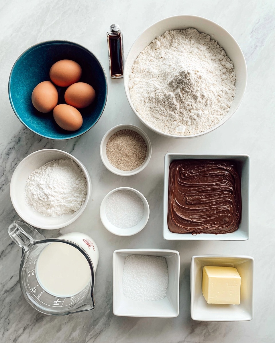 The image shows a white marbled surface with several small white bowls and a measuring cup arranged neatly displaying baking ingredients. At the center is a large white bowl filled with white flour, to its right a square white bowl holding a smooth, thick layer of chocolate spread. Above it is a small white bowl containing a light brown powder. To the left of the flour bowl, a dark blue bowl holds two brown eggs. Below the eggs is a clear measuring cup filled with milk. Next to it is a square white bowl containing white granulated sugar, and beside that is a small white bowl with baking powder. Below those, there is a small white bowl with salt, and next to it a square white bowl with a solid piece of light yellow butter. Near the top left corner, a small vial with dark liquid is placed upright. The setup looks clean, organized, and ready for baking. photo taken with an iphone --ar 4:5 --v 7
