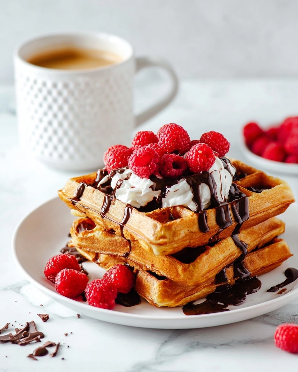 A stack of three golden brown waffles sits on a white plate, each waffle showing a clear grid pattern and crispy texture. On top of the stack is a layer of white whipped cream, crowned with several bright red raspberries. Dark chocolate sauce is drizzled over the waffles and drips down the sides onto the plate, with some extra raspberries scattered around the base. In the background, there is a white textured mug filled with a creamy light brown coffee on a white marbled surface. Photo taken with an iphone --ar 4:5 --v 7