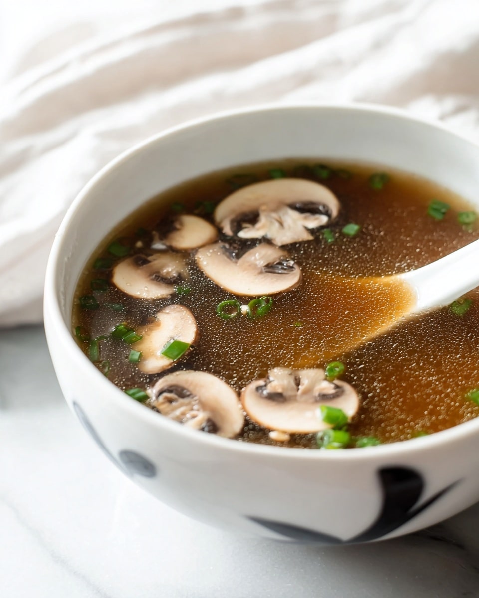 A close-up photo of a bowl of clear brown mushroom soup with thin white mushroom slices floating on top, sprinkled with small green onion pieces. The soup is served in a white bowl with a simple black design on the rim, partially showing a white ceramic spoon resting inside the bowl on the right side. The bowl sits on a white marbled surface with a soft white cloth in the background. The lighting highlights the shiny surface of the soup, showing reflections and small bubbles. Photo taken with an iphone --ar 4:5 --v 7