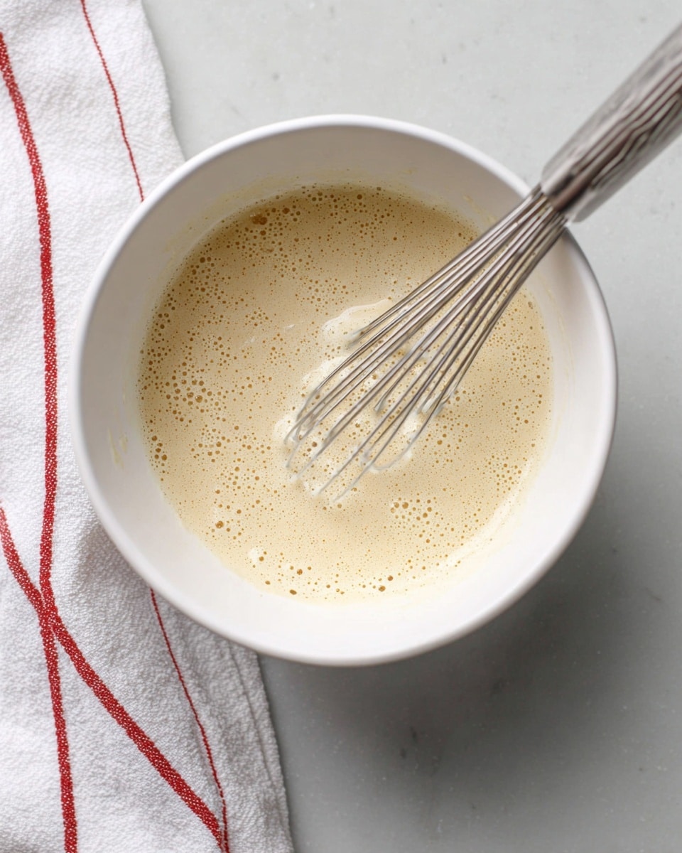 A white bowl holds a light beige batter with bubbles on the surface, creating a soft, slightly frothy texture. Inside the bowl, a silver metal whisk rests at an angle, its thin wires coated in the batter. The bowl is placed on a white marbled surface, and a white cloth with narrow red stripes is partly visible on the bottom left corner. The simple and clean presentation focuses on the smooth, creamy batter in the bowl. photo taken with an iphone --ar 4:5 --v 7