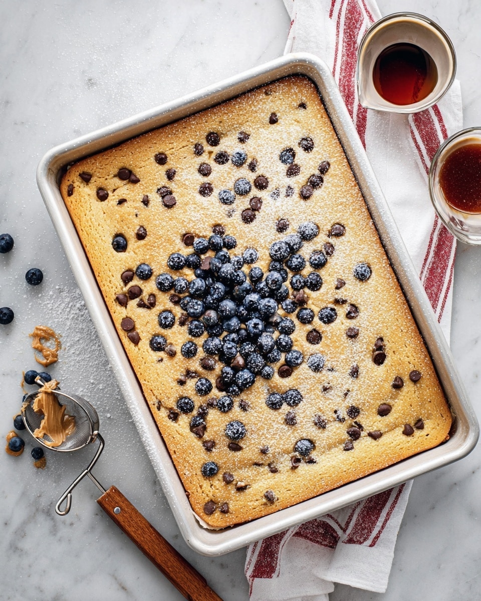 A golden-brown baked sheet cake with a soft texture is shown in a white baking pan, topped with scattered chocolate chips mostly on the top half and fresh blueberries clustered more densely in the center and lower half. There are light swirls of peanut butter in one corner and a dusting of powdered sugar spread evenly across the top. The baking pan rests on a white marbled surface, with a white cloth towel with red stripes folded underneath one edge, a small container of syrup nearby, and a metal spatula with a wooden handle on the left side. A metal sifter and a round bowl with butter are also placed on the surface. Photo taken with an iphone --ar 4:5 --v 7