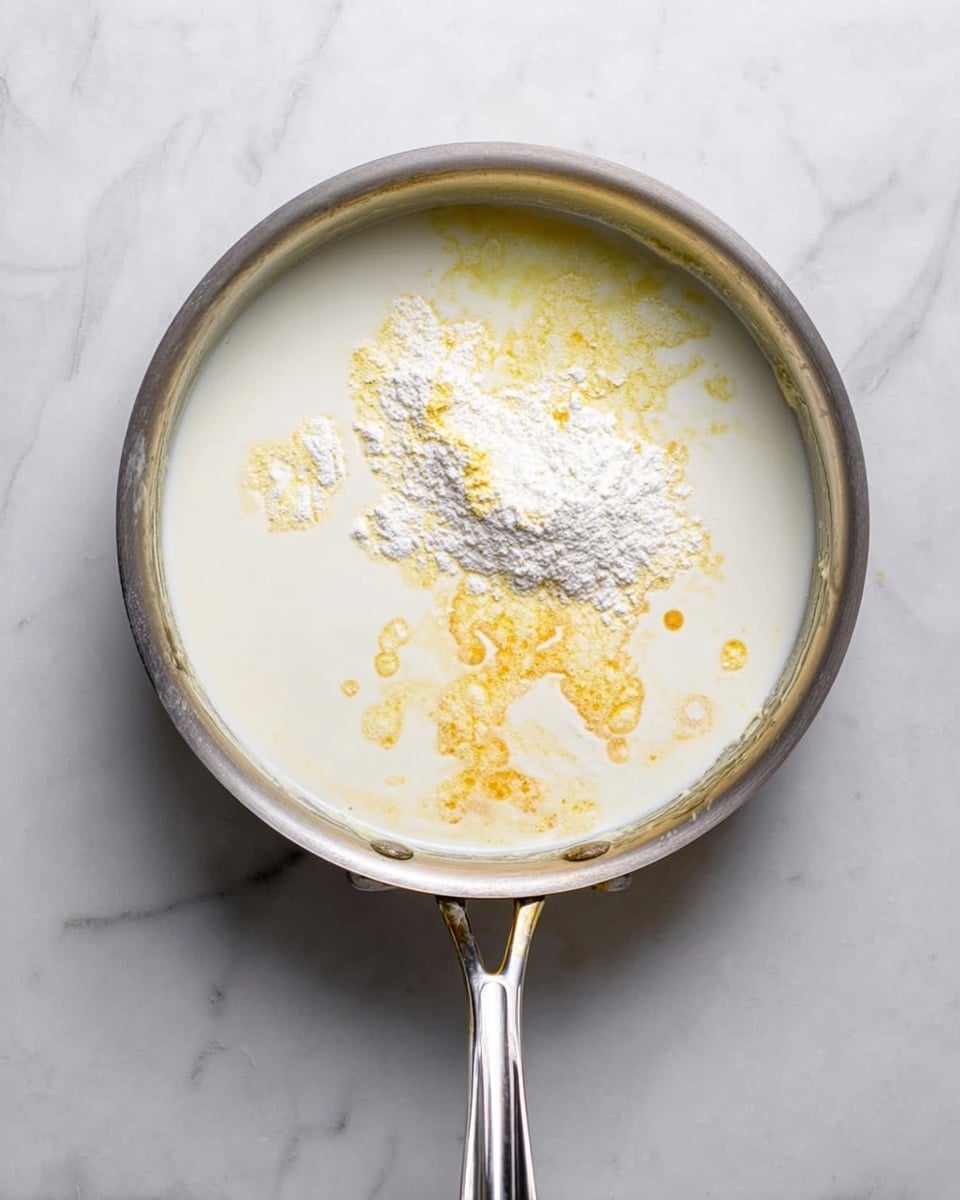 A top view of a silver pan on a white marbled surface with milk filling most of the pan. On top of the milk, there are white flour and a light yellow powder placed near the center, along with some yellow oily spots scattered around the powders. The pan handle extends downward from the bottom center of the frame. photo taken with an iphone --ar 4:5 --v 7