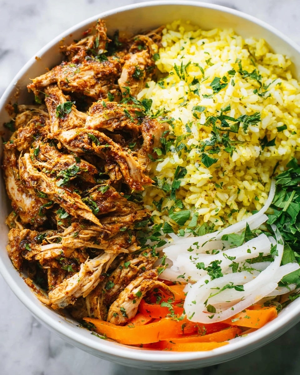 A white bowl holds three sections of food arranged side by side on a white marbled surface. One section has shredded brown chicken with visible herbs and a slightly saucy texture, placed on the left side of the bowl. The middle section features yellow rice sprinkled with green herbs, with a soft and fluffy look. The last section at the bottom contains thin slices of white and orange pickled vegetables, creating a colorful contrast. The photo taken with an iphone --ar 4:5 --v 7