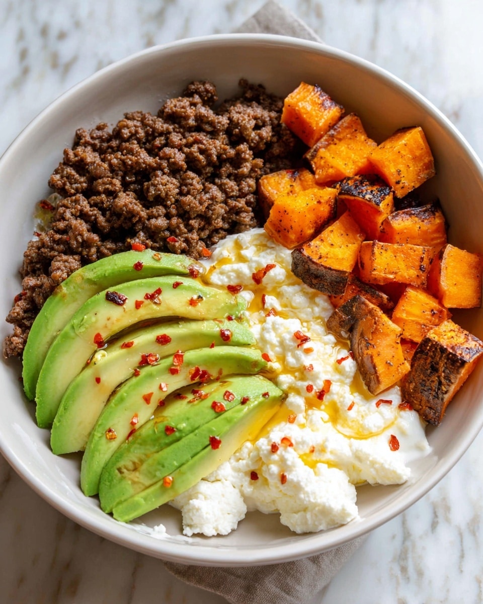 In a white bowl on a white marbled surface, there are four main layers arranged side by side. Starting from the left, there is cooked ground meat with a dark brown color and a crumbly texture. Next, several slices of avocado with a smooth light green color are placed in the center, slightly overlapping each other, and drizzled with a light amber sauce sprinkled with red chili flakes. To the right of the avocado, there is a white, fluffy layer of cottage cheese with some sauce drops on top. Finishing the bowl on the far right are small cubes of roasted sweet potatoes with a bright orange color and slightly charred edges. Photo taken with an iphone --ar 4:5 --v 7