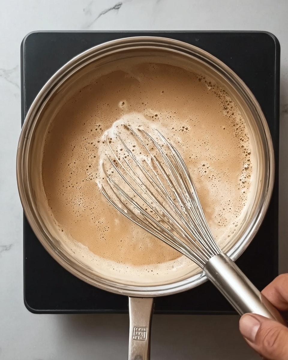 A round silver pot filled with a creamy light brown mixture being stirred by a silver whisk held by a woman's hand, the mixture looks smooth with a slightly frothy texture on the surface, sitting on a black stovetop, with a white marbled surface in the background photo taken with an iphone --ar 4:5 --v 7