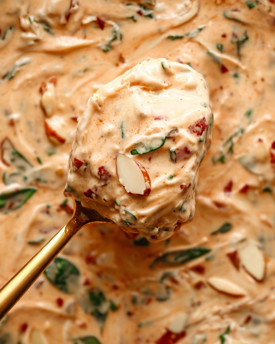 A close-up view of a scoop of creamy sauce-covered food held by a gold spoon, showing one thick layer of a light orange creamy texture mixed with small pieces of green herbs, red bits, and thin white slices that look like almonds, with a white marbled background of the same creamy mixture visible beneath. photo taken with an iphone --ar 4:5 --v 7