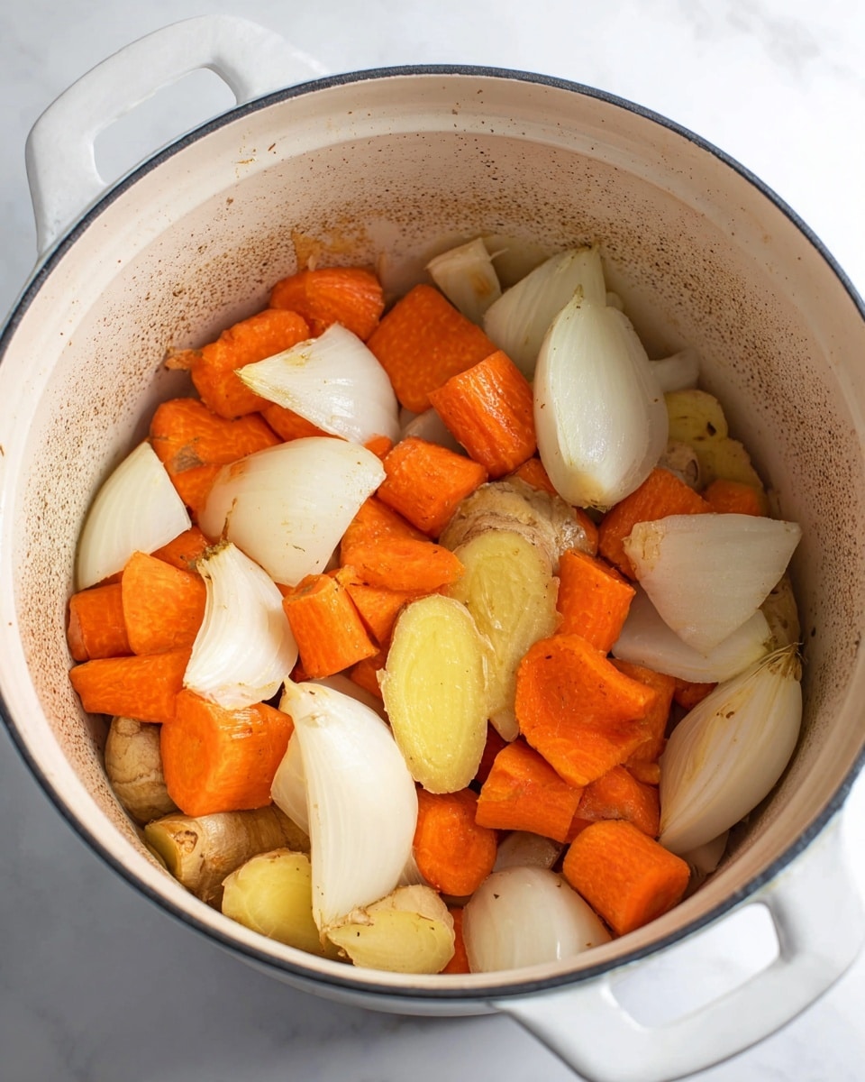 Inside a white pot with slight browning marks, there are roughly chopped vegetables spread out. The vegetables form one visible layer, consisting of bright orange carrot chunks with smooth texture, large white onion wedges showing some light browning, off-white garlic cloves, and several slices of yellow ginger with brown skin edges. The pot sits on a white marbled surface. photo taken with an iphone --ar 4:5 --v 7