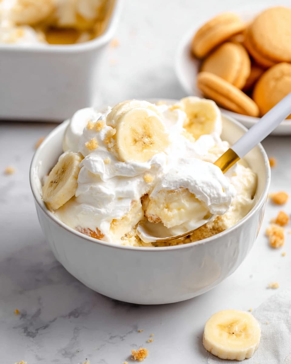 A white bowl filled with a creamy dessert that has visible layers of light yellow cake pieces and white whipped topping. On top, there are two round slices of banana, and the whipped topping looks soft and fluffy. A gold spoon with a white handle is resting inside the bowl, showing a close-up banana slice on it. In the background, another white bowl is filled with small round yellow cookies, with some crumbs scattered on a white marbled surface around the bowls. Photo taken with an iphone --ar 4:5 --v 7