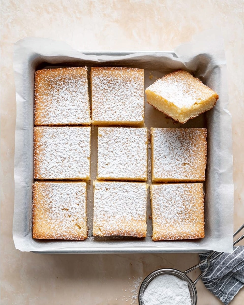 A square metal baking pan holds nine square pieces of light golden brown dessert with a powdered sugar dusting. The pieces are evenly cut, with a smooth top and slightly textured edges. One piece is lifted slightly by a woman's hand, revealing the thickness and soft texture inside. The pan rests on white parchment paper over a white marbled surface, and in the bottom right corner, there is a small metal sifter filled with powdered sugar. The overall look is clean and bright with soft lighting. photo taken with an iphone --ar 4:5 --v 7