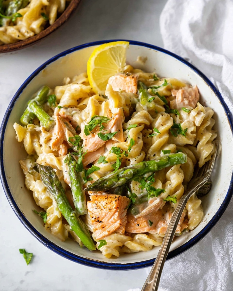 A white bowl with a blue rim holds a creamy pasta dish made of short twisted pasta coated in a white sauce. Among the pasta, there are pieces of cooked salmon with a light orange color and slight browning on the edges, along with bright green asparagus tips scattered throughout. Fresh parsley leaves add small green accents on the pasta. A lemon wedge with a bright yellow color sits on top near the edge of the bowl. A silver fork rests inside the bowl on the right side. The bowl is placed on a white marbled surface with a white cloth partially visible nearby. Photo taken with an iphone --ar 4:5 --v 7