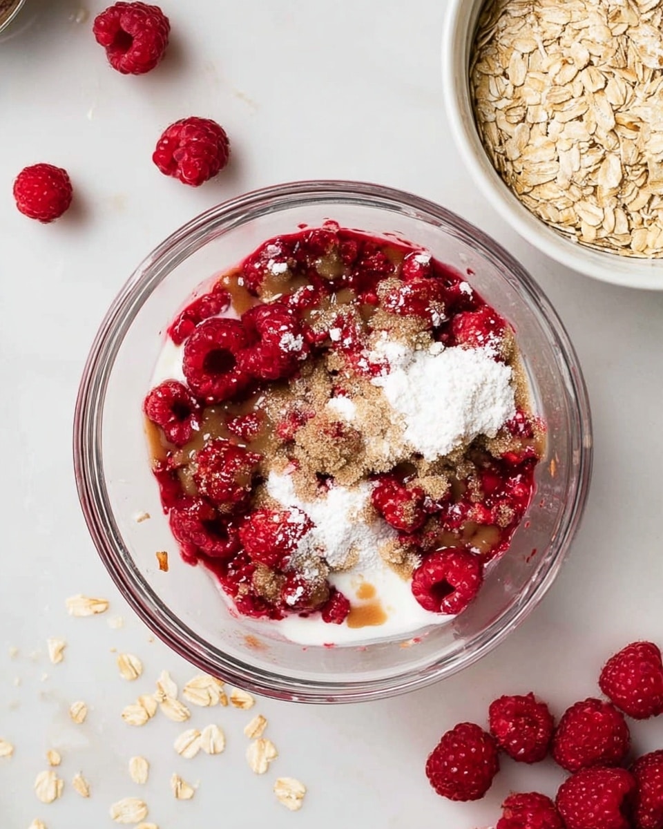 The image shows a clear glass bowl with a layered mixture inside. The bottom layer is bright red raspberries, topped unevenly with white powder that looks soft and fine, and light brown sugar sprinkled around the edges. There are also patches of a shiny, smooth light brown sauce drizzled over the raspberries and sugar. Surrounding the bowl is a white marbled surface with scattered oats and fresh raspberries, and a white bowl filled with dry oats is seen to the right. Photo taken with an iphone --ar 4:5 --v 7