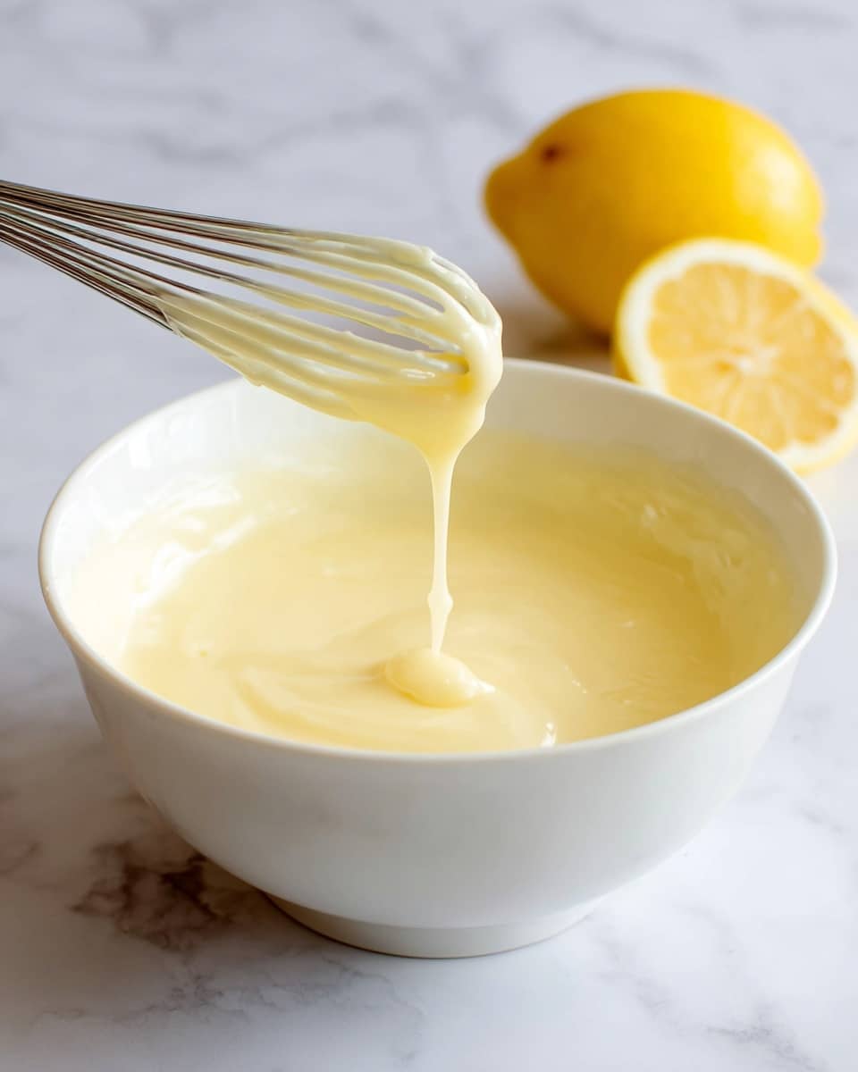 The image shows a white bowl filled with smooth, pale yellow creamy batter. A metal whisk is lifting some of the batter, which drips slowly, showing its thick texture. Half a fresh lemon with bright yellow skin and juicy inside sits in the background on a white marbled surface. The lighting is bright and natural, making the batter look fresh and soft. photo taken with an iphone --ar 4:5 --v 7