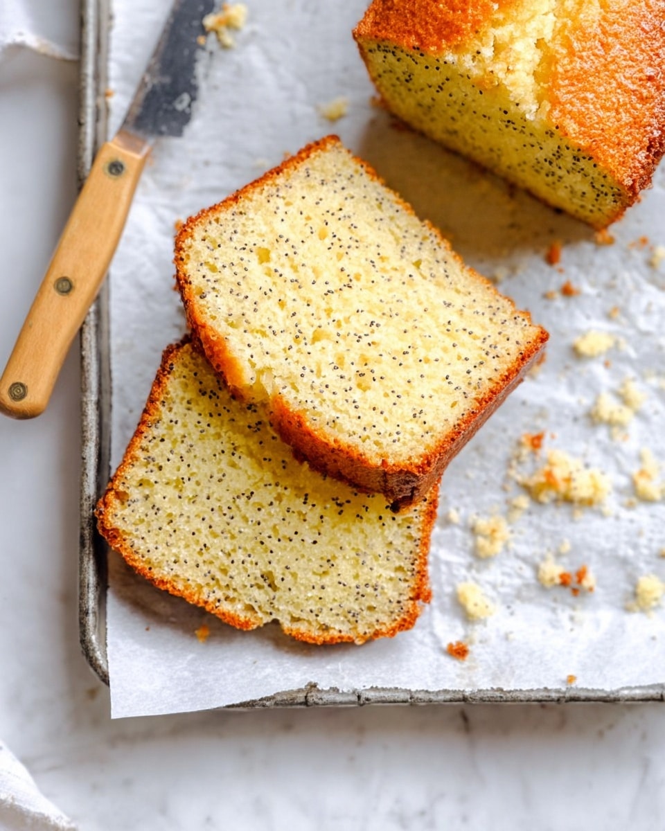 The image shows slices of a light yellow poppy seed loaf cake with a soft, moist texture and tiny black poppy seeds scattered inside. The loaf has a golden-brown crust on the edges and a slightly uneven top. The slices are placed on parchment paper on a silver baking tray set on a white marbled surface. There are some cake crumbs scattered around the slices. A knife with a wooden handle rests on the surface next to the tray. photo taken with an iphone --ar 4:5 --v 7