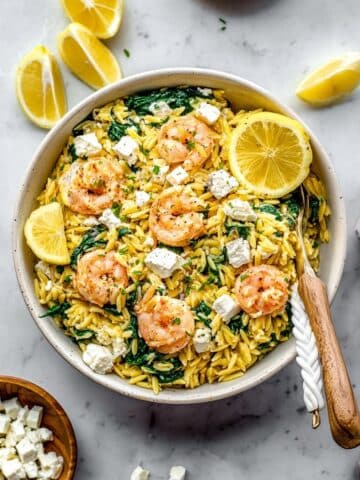 Lemon Shrimp Orzo with Spinach, Feta, and Fresh Herbs Recipe