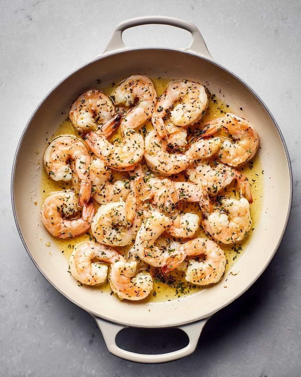 A large white pan filled with cooked shrimp arranged close together in one even layer, their pinkish-white bodies curled in a crescent shape, topped with small green herb flakes and visible black pepper bits. A light golden oil glistens beneath the shrimp, giving the scene a slightly glossy texture. The pan has a single handle at the top and another at the bottom, placed on a white marbled surface. photo taken with an iphone --ar 4:5 --v 7