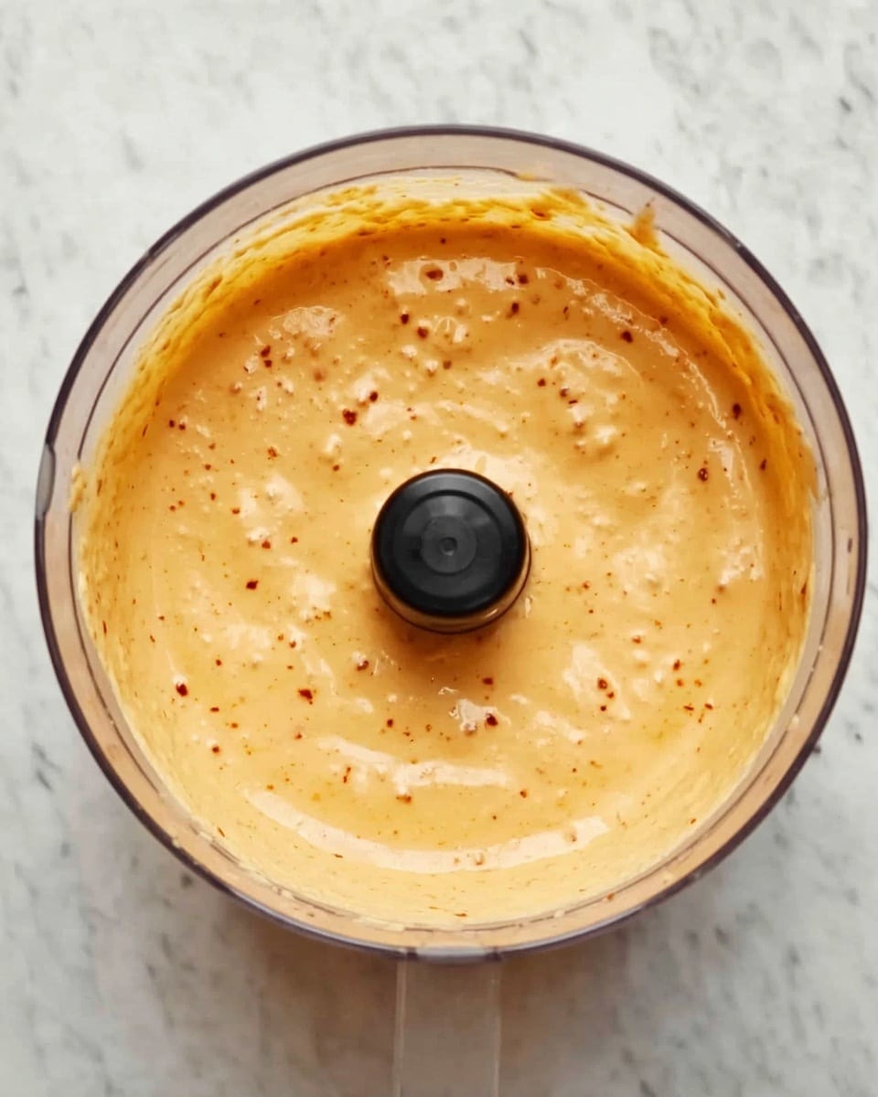 A clear round bowl is filled with a creamy, smooth sauce that has a light orange color with small darker orange and brown specks spread evenly throughout. The sauce has a slightly thick texture with some air bubbles on the surface. The bowl is placed on a white marbled surface, and the inside edges of the bowl show some sauce residue. The bowl's center has a black knob, likely part of a food processor. photo taken with an iphone --ar 4:5 --v 7