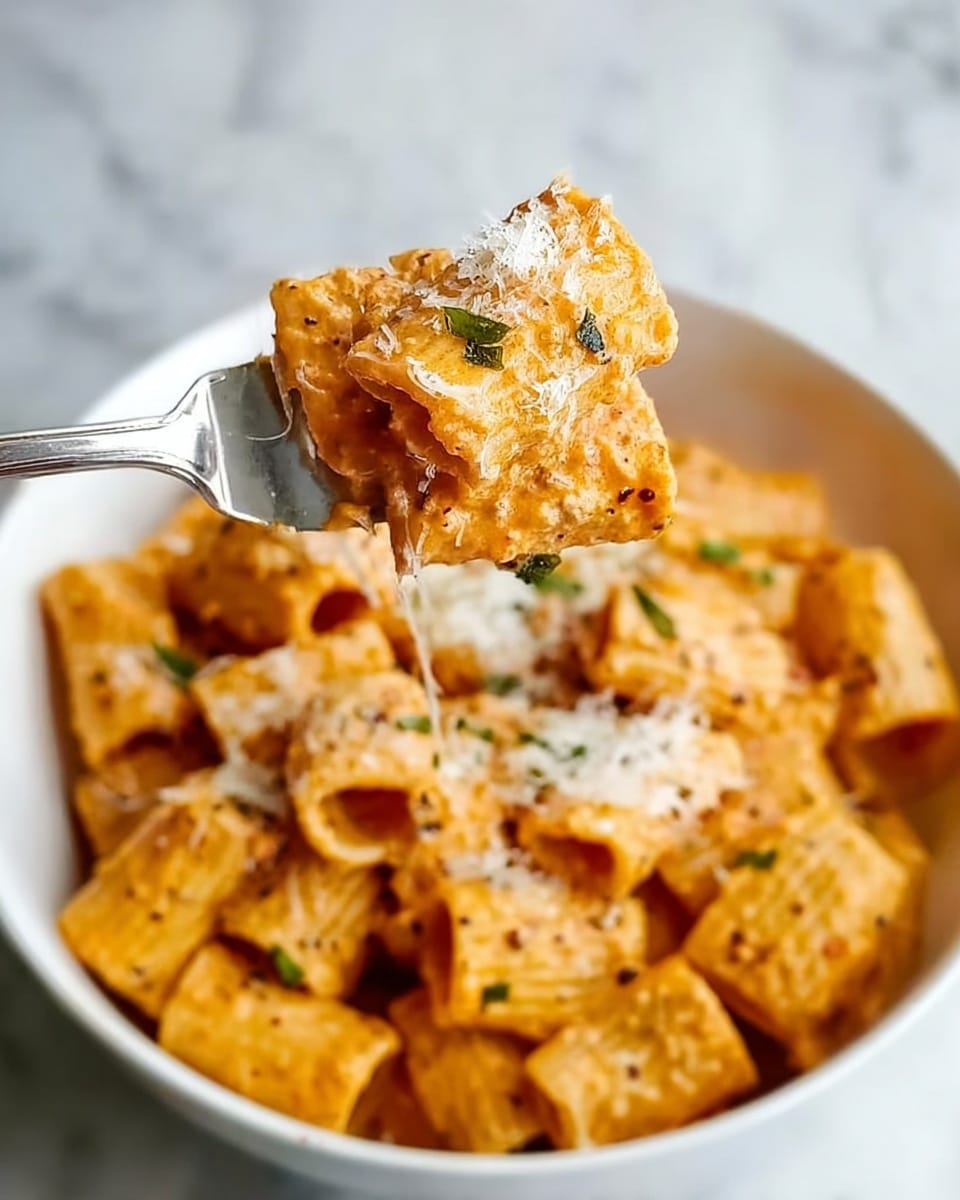 The image shows a close-up of a fork holding a piece of rigatoni pasta covered in a creamy orange sauce with small green herb flakes, and topped with finely grated white cheese. Below the fork, there is a white bowl filled with many rigatoni pasta pieces all coated in the same sauce, with some cheese sprinkled on top. The background is a white marbled texture. The photo taken with an iphone --ar 4:5 --v 7
