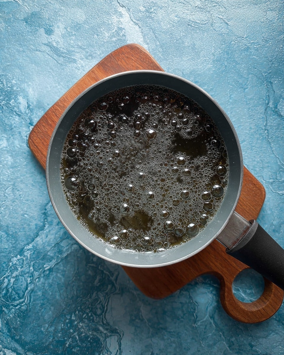 A gray pot with a black handle is shown from above, filled with clear bubbling liquid, likely hot syrup or sugar syrup, with many small and medium bubbles rising to the surface. The pot sits on a small wooden board with a circular hole near one corner, placed on a blue textured surface changed to a white marbled texture. The shiny bubbles create a textured pattern inside the shiny gray pot. photo taken with an iphone --ar 4:5 --v 7