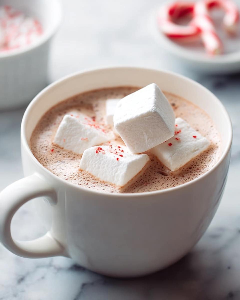 A white cup filled with light brown frothy hot chocolate, topped with three large, square white marshmallows floating on the surface. There are small red specks sprinkled lightly on the hot chocolate near the marshmallows. The cup is placed on a white marbled surface, and in the background, a white bowl and a red and white peppermint candy are slightly out of focus. The photo taken with an iphone --ar 4:5 --v 7