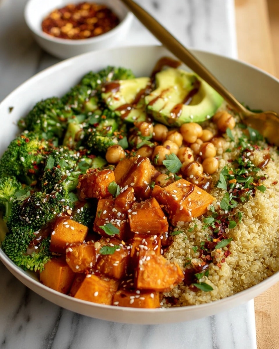 A white bowl filled with four main layers: the bottom layer is light beige quinoa with a slightly grainy texture; on one side, bright green broccoli with chopped stems; next to it, cubed orange sweet potatoes mixed with light brown chickpeas, both topped with small green herbs; a sliced avocado with smooth texture and green inside is placed on the broccoli side. The dish is sprinkled with white sesame seeds and red chili flakes, and there is a dark brown drizzle sauce over the avocado and other veggies. A gold spoon rests inside the bowl. The bowl sits on a white marbled surface with a small white round bowl filled with red chili flakes blurred in the background. photo taken with an iphone --ar 4:5 --v 7