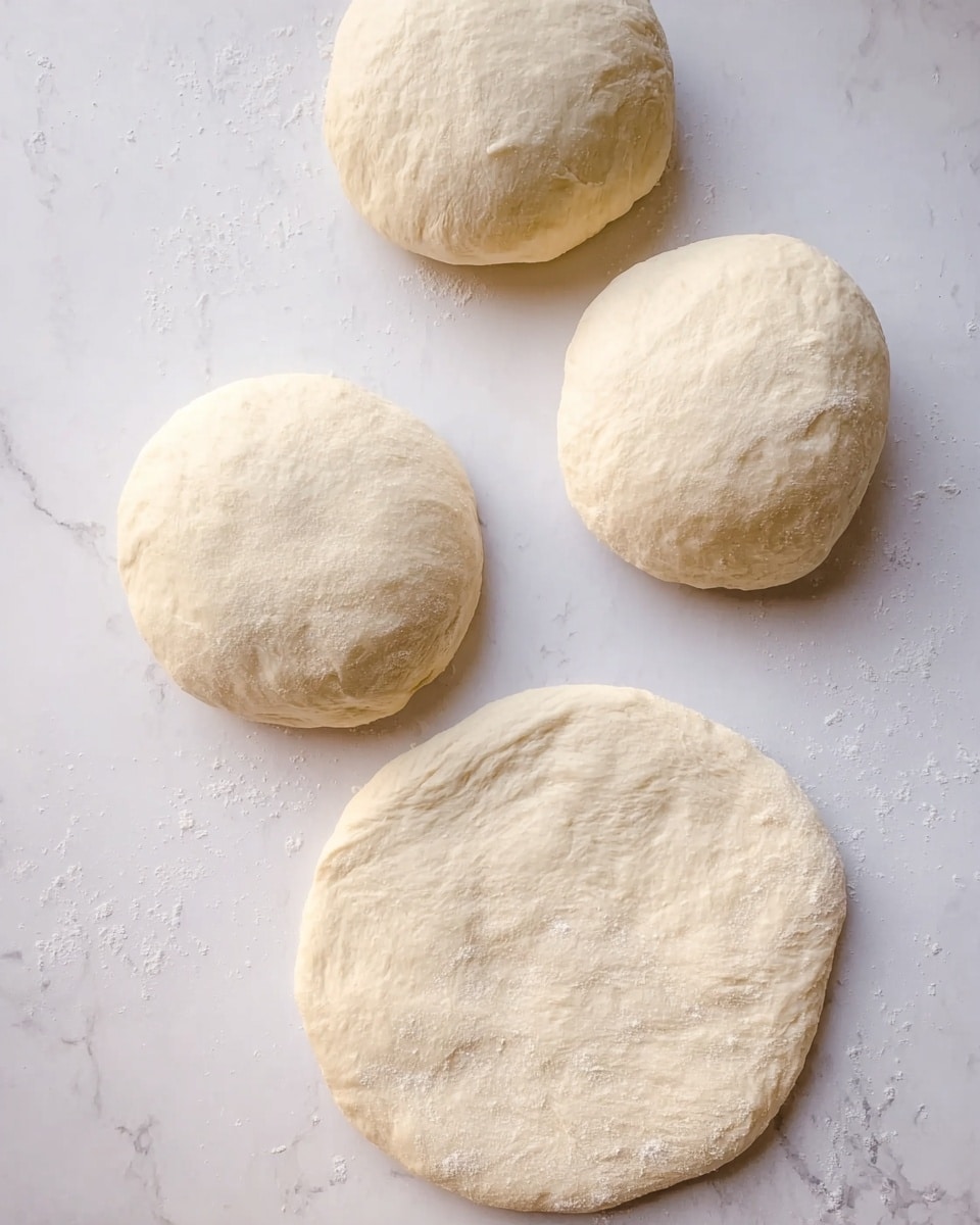 The image shows four dough balls on a white marbled surface. Three of the dough balls are round and plump, placed near the top part of the image with soft, smooth texture. One dough ball at the bottom is flattened and spread out, showing a wider, thin layer with a slightly uneven surface. The white marbled background highlights the light cream color of the dough, creating a clean and fresh look. photo taken with an iphone --ar 4:5 --v 7