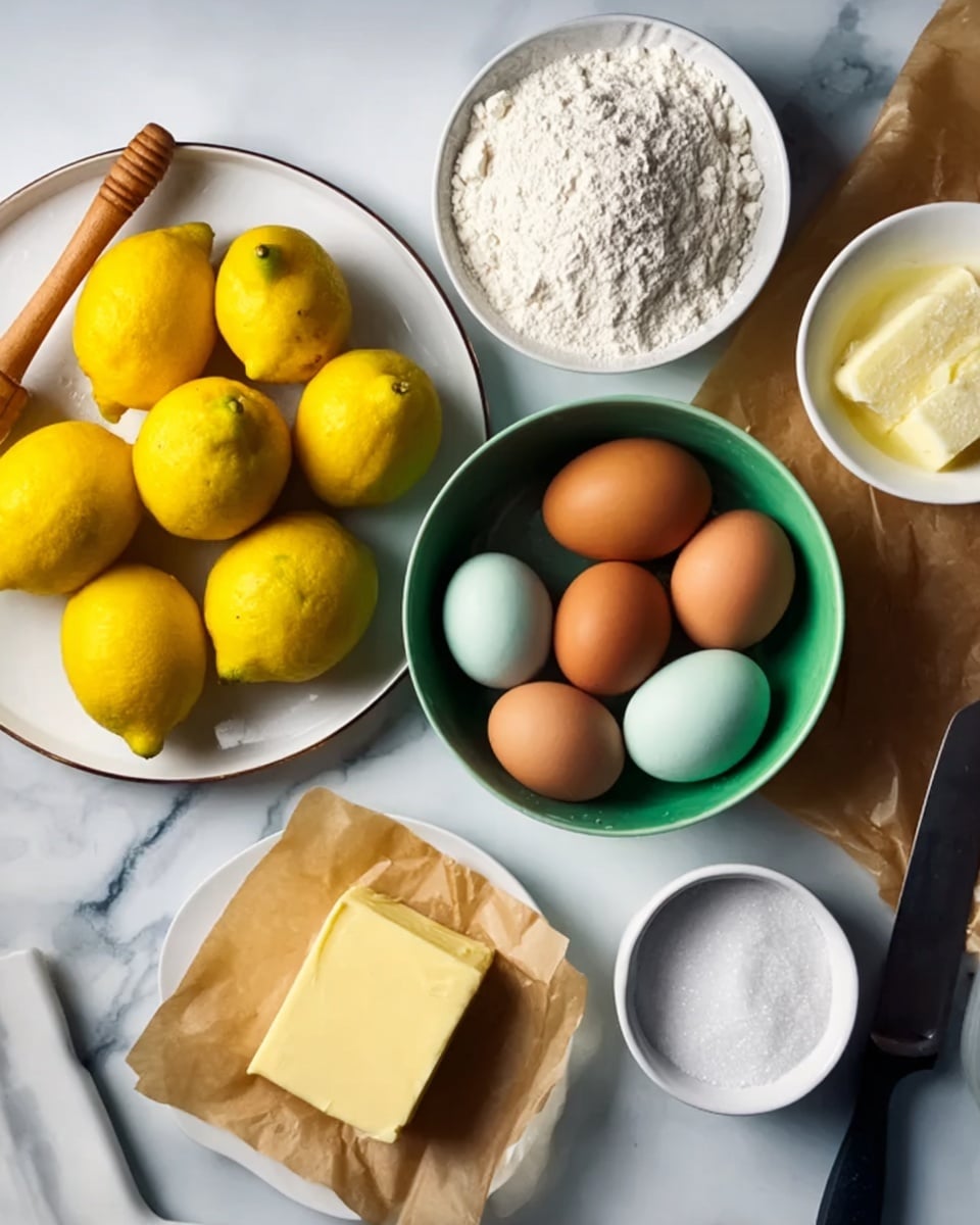 The image shows several ingredients arranged neatly on a white marbled surface. On the left, there is a white plate full of bright yellow lemons, some whole and some halved, with a wooden lemon squeezer resting on the plate. To the right, there is a green bowl filled with seven eggs of different shades of brown and one pale blue egg. Above the bowl of eggs, a white bowl holds a heap of white flour, and next to it, a small white cup contains white granulated sugar. Near the top right, a rectangular piece of yellow butter sits on brown parchment paper, partially sliced with a black-handled knife resting on the paper. A white bowl of granulated white sugar is on the right side near the center. The photo taken with an iphone --ar 4:5 --v 7