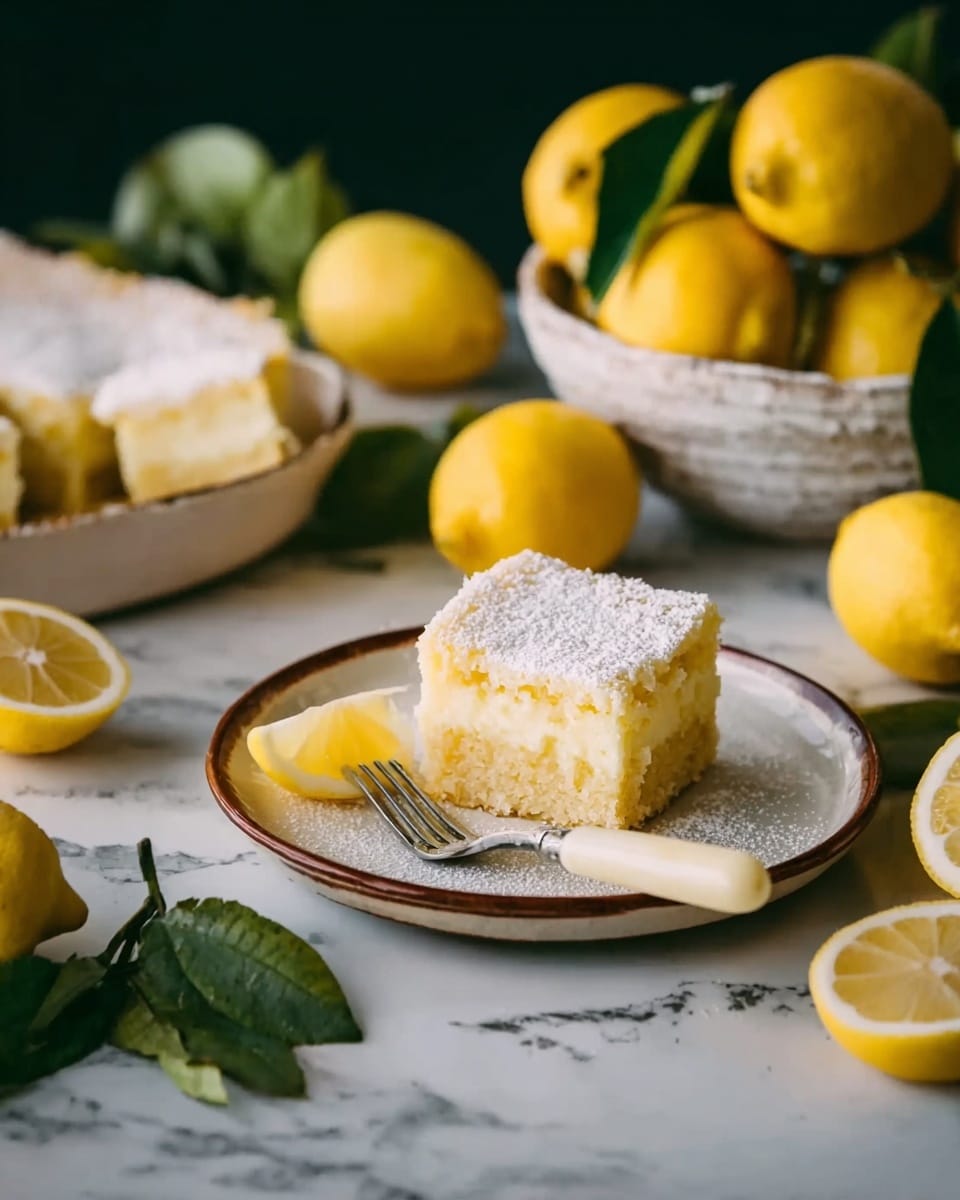 A white plate with a brown rim holds a single square piece of lemon cake dusted with powdered sugar, placed slightly off-center. The cake has two visible layers: a light yellow moist base layer and a pale creamy top layer. A small lemon wedge rests next to the cake on the plate. A silver fork with a cream-colored handle lies beside the cake. In the background, whole and halved yellow lemons with green leaves are scattered, with some placed in a large bowl. The setting is on a white marbled surface. photo taken with an iphone --ar 4:5 --v 7