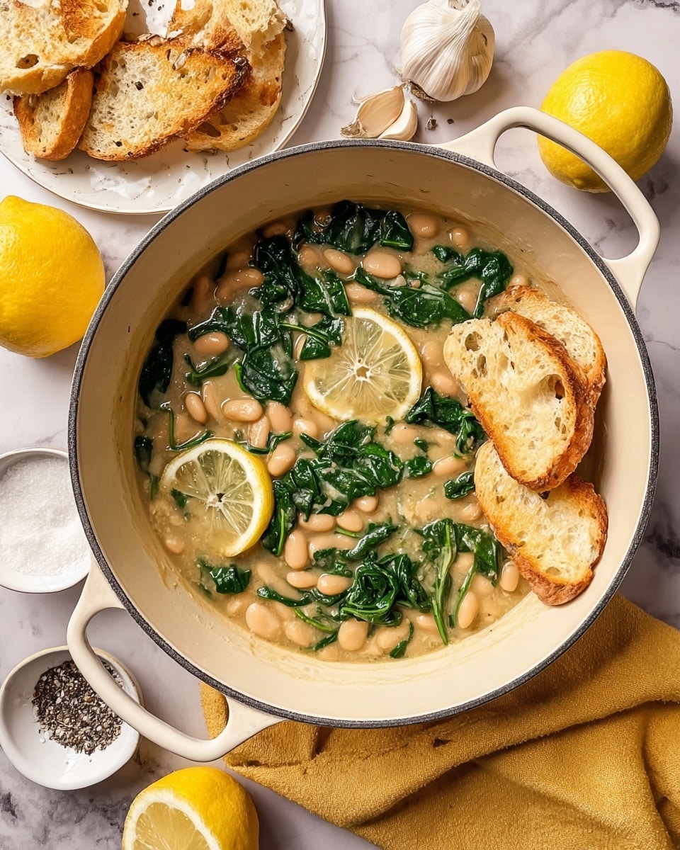 A round white pot filled with creamy white beans and bright green spinach leaves mixed together in a light sauce, with two slices of toasted bread partly dipped in the beans on the left side and two thin lemon slices resting on the beans at the bottom right. The pot is placed on a soft yellow cloth with whole garlic bulbs beside it, and a small white bowl holding salt and pepper is below the pot. A halved lemon is nearby on a white marbled surface, along with a white plate holding more toasted bread pieces. The photo taken with an iphone --ar 4:5 --v 7