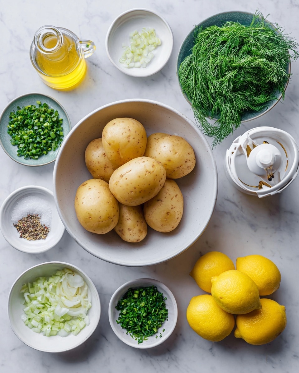The image shows six light brown potatoes in a white bowl at the center on a white marbled surface. Around the bowl are small white dishes holding finely chopped green herbs, chopped green onions, sliced shallots, and a mix of salt and pepper. There is a small clear bottle with golden oil near the top left, and a white bowl filled with fresh dill next to it. On the right side, there is a white citrus juicer with two halved, squeezed lemons on top and two whole lemons below it. The colors are natural and fresh, with a clean, bright look. Photo taken with an iphone --ar 4:5 --v 7