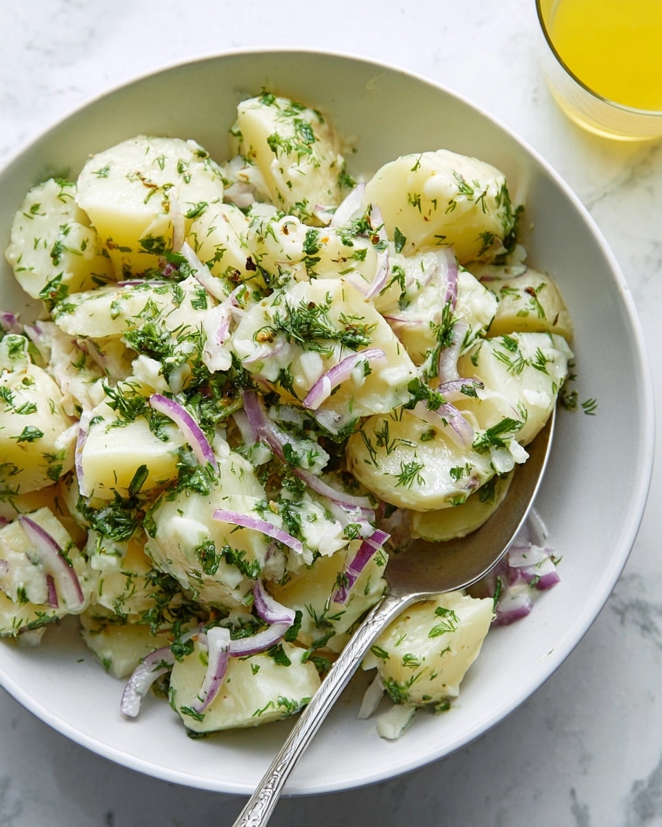 The image shows a white bowl filled with a potato salad that has roughly two layers of chunky white potato pieces, mixed with thin slices of light purple onion and sprinkled with chopped green herbs like parsley and dill. The potatoes have a smooth, slightly shiny texture, and the herbs and onions are scattered evenly around, adding green and purple color details on top. A silver spoon rests inside the bowl, partly submerged in the salad. The bowl is placed on a white marbled surface, and a glass with a yellow drink is slightly visible in the background. Photo taken with an iphone --ar 4:5 --v 7